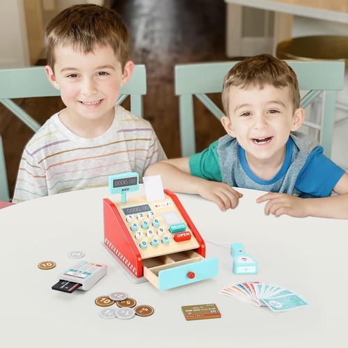 Wooden cash register toy red - wooden,